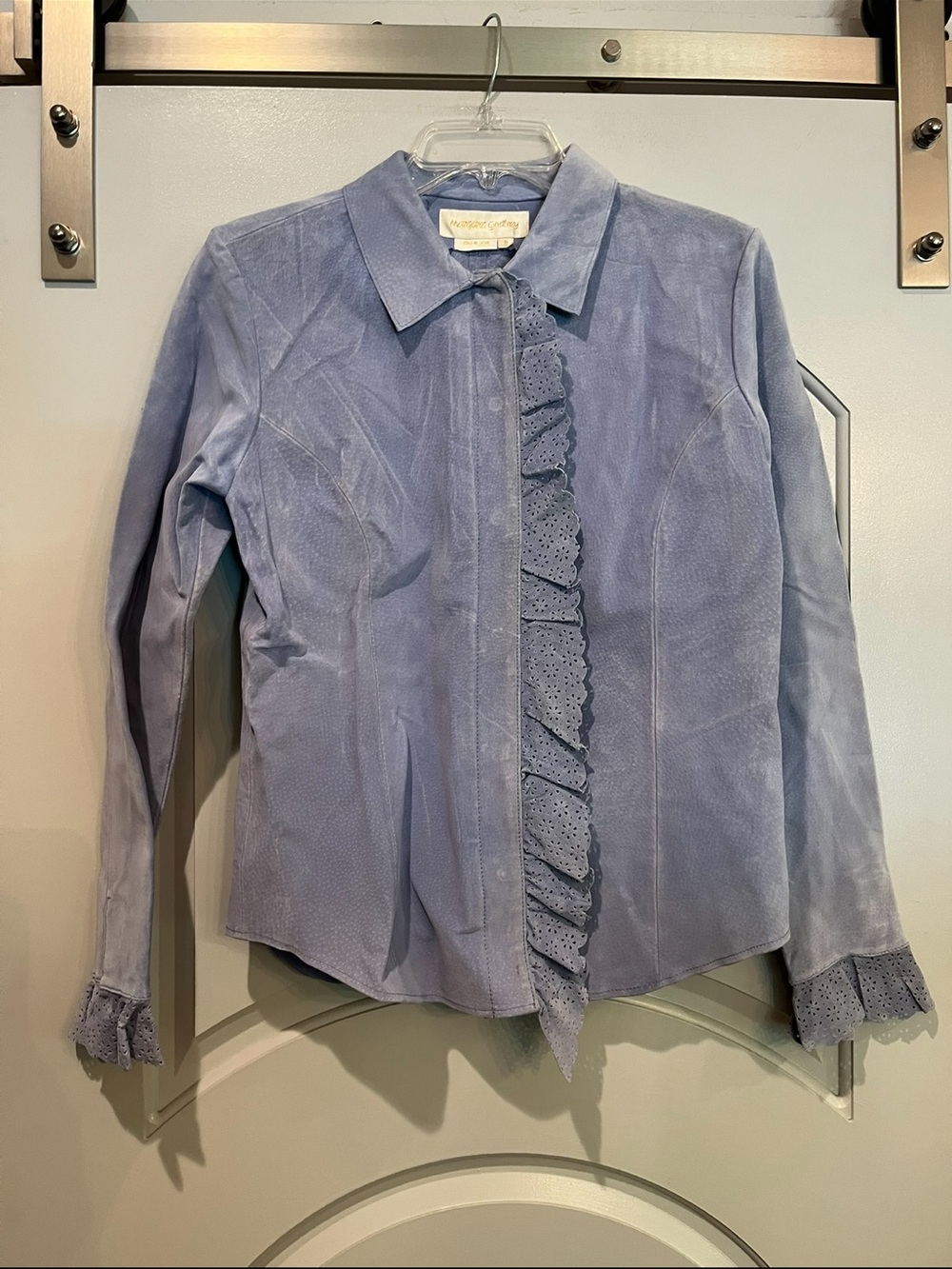 Vintage Lavender Suede perforated Ruffle-Front Blouse/ jacket. So retro!